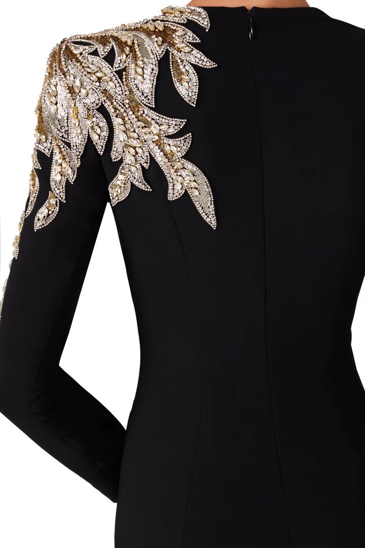 Sequin Embroidered Long Sleeve Maxi Gown by Shine | Party dresses from Luxe Lane | SKU: -1 | Barcode:  | Options: Black S(6) | Black dress with gold and silver embellishments on the shoulders against a white background
