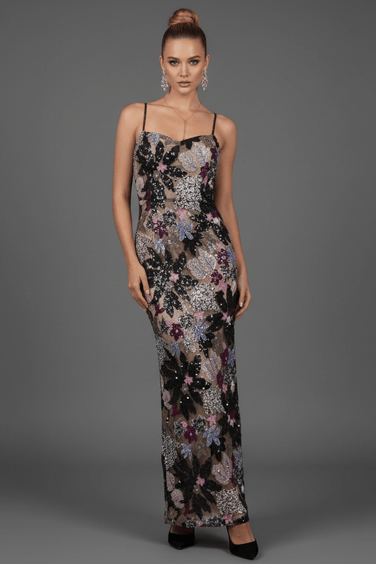 Sequin Floral Embroidered Maxi Evening Dress by Luxe Lane | Party dresses from Luxe Lane | Options: black S(2) | front full - length view of Luxe Lane floral embroidered sequin maxi dress with black mesh base and spaghetti straps