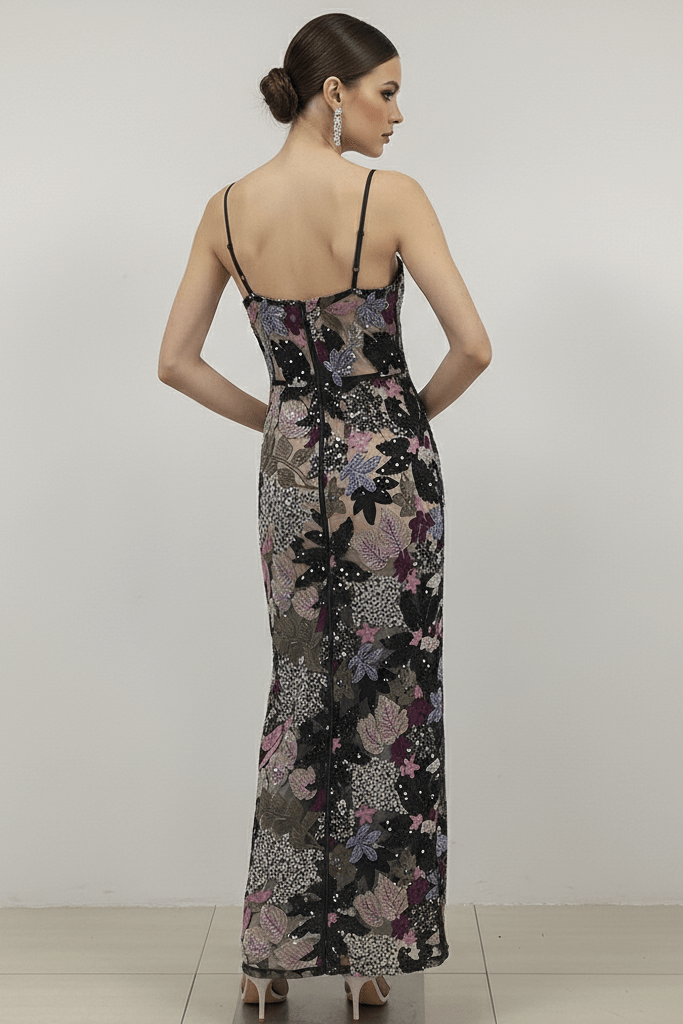 Sequin Floral Embroidered Maxi Evening Dress by Luxe Lane | Party dresses from Luxe Lane | SKU: -1 | Barcode:  | Options: black S(2) | back view of Luxe Lane floral embroidered sequin gown with thin straps and fitted waistline