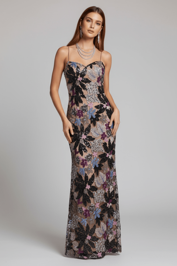 Sequin Floral Embroidered Maxi Evening Dress by Luxe Lane | Party dresses from Luxe Lane | Options: black S(2) | model posing with hand on hip wearing Luxe Lane floral embroidered sequin gown with soft lighting