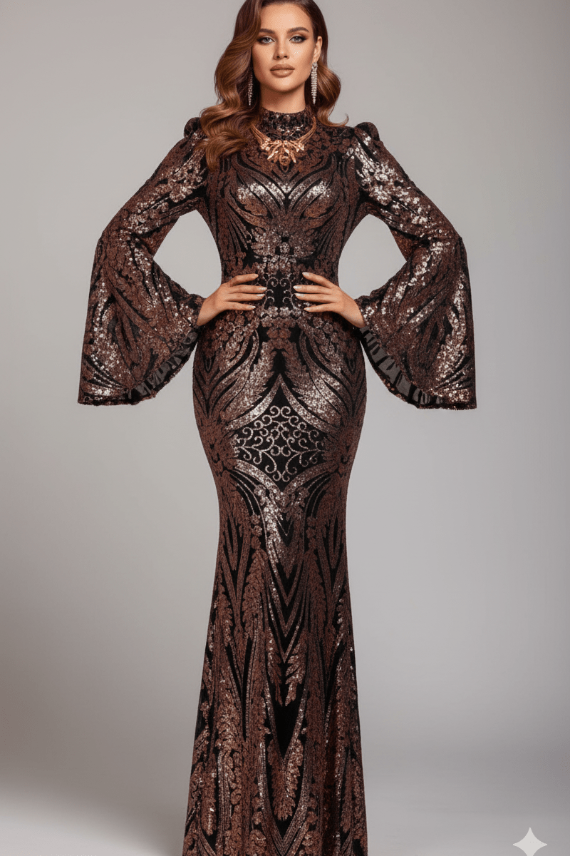 Sequin High - Neck Long - Sleeve Evening Gown by Shine | Party dresses from Luxe Lane | SKU: W11203-1 | Barcode:  | Options: Black S(6) | Woman wearing a brown sequin evening gown with bell sleeves on a gray background