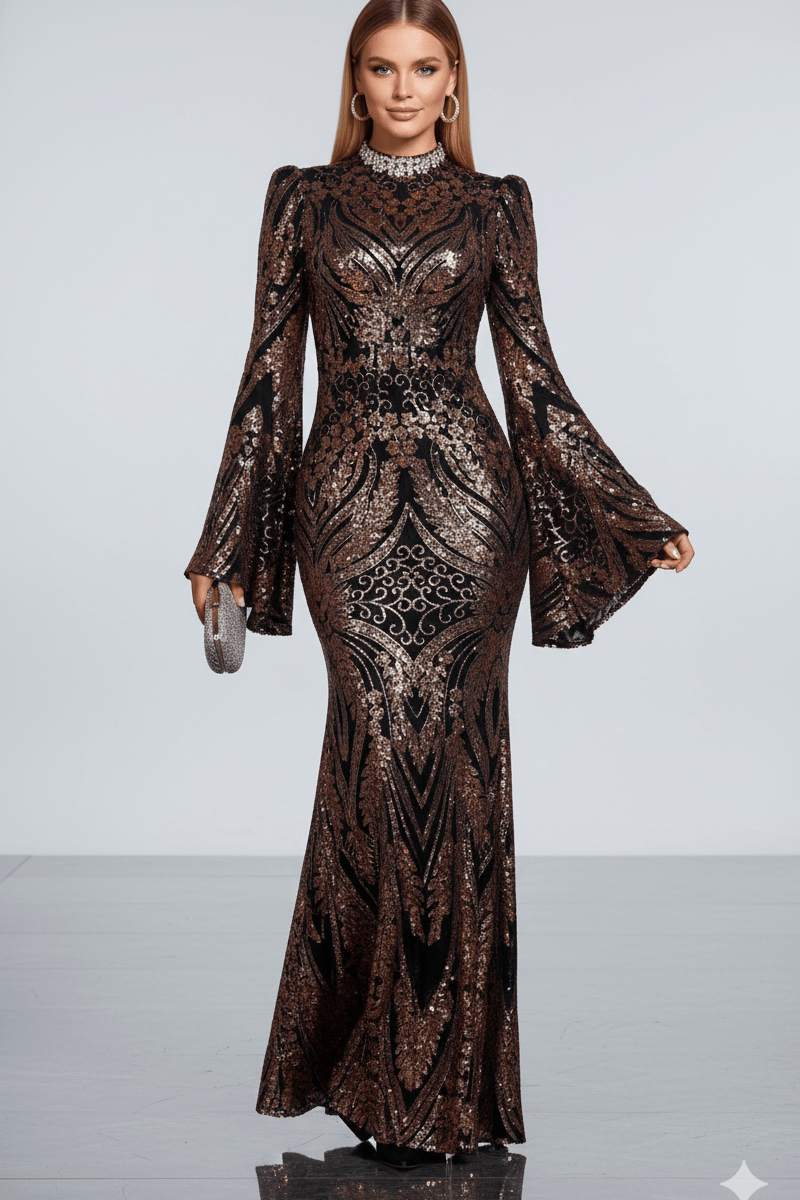 Sequin High - Neck Long - Sleeve Evening Gown by Shine | Party dresses from Luxe Lane | SKU: W11203-1 | Barcode:  | Options: Black S(6) | Woman wearing a long, ornate dress with bell sleeves on a white background