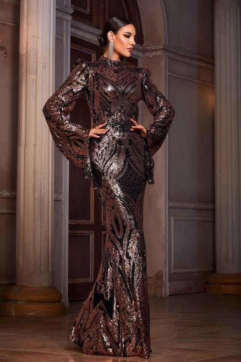 Sequin High - Neck Long - Sleeve Evening Gown by Shine | Party dresses from Luxe Lane | SKU: W11203-1 | Barcode:  | Options: Black S(6) | Elegant Bodycon Maxi Dress Long Sleeve Formal Dresses Shiny Brown Party Wear Couture Outfit Luxury Sequin Evening Gown for Women