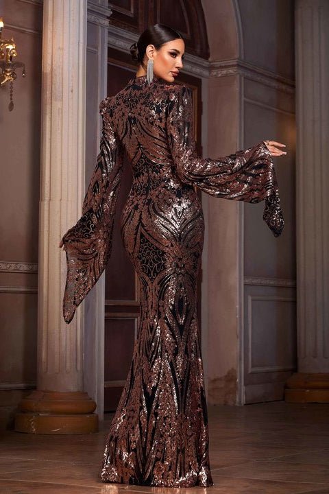 Sequin High - Neck Long - Sleeve Evening Gown by Shine | Party dresses from Luxe Lane | SKU: W11203-1 | Barcode:  | Options: Black S(6) | Elegant Bodycon Maxi Dress Long Sleeve Formal Dresses Shiny Brown Party Wear Couture Outfit Luxury Sequin Evening Gown for Women