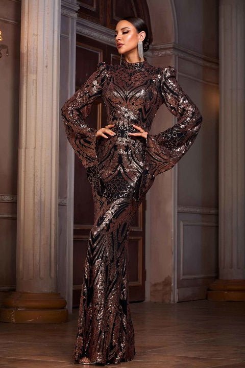 Sequin High - Neck Long - Sleeve Evening Gown by Shine | Party dresses from Luxe Lane | SKU: W11203-1 | Barcode:  | Options: Black S(6) | Elegant Bodycon Maxi Dress Long Sleeve Formal Dresses Shiny Brown Party Wear Couture Outfit Luxury Sequin Evening Gown for Women