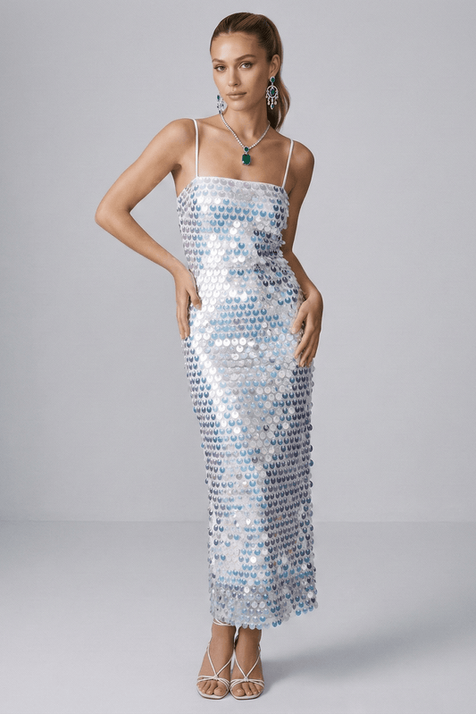 Sequin Mesh Slip Evening Dress by Shine | heath gown from Luxe Lane | SKU: -1 | Barcode:  | Options: White XS(4) | Woman wearing a sequin dress on a gray background