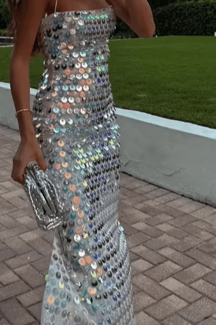 Sequin Mesh Slip Evening Dress by Shine | heath gown from Luxe Lane | SKU: -1 | Barcode:  | Options: White XS(4) | Summer Vacation Shining Sequin Mesh Dresses Women Slip Sequins Elegant Evening Dress