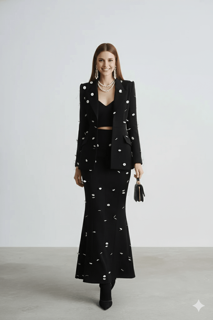 Sequin Polka Dot Blazer & Maxi Skirt Set by Luxe Lane | Skirts Suits from Luxe Lane | SKU: -1 | Barcode:  | Options: Black white S(6) | Woman wearing a black outfit with white patterns on a plain background
