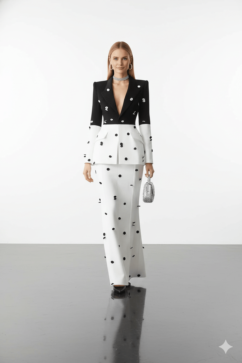 Sequin Polka Dot Blazer & Maxi Skirt Set by Luxe Lane | Skirts Suits from Luxe Lane | SKU: -1 | Barcode:  | Options: Black white S(6) | Woman wearing a black and white polka dot suit with a plain background