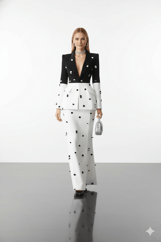 Sequin Polka Dot Blazer & Maxi Skirt Set by Luxe Lane | Skirts Suits from Luxe Lane | SKU: -1 | Barcode:  | Options: Black white S(6) | Woman wearing a black and white polka dot suit with a plain background