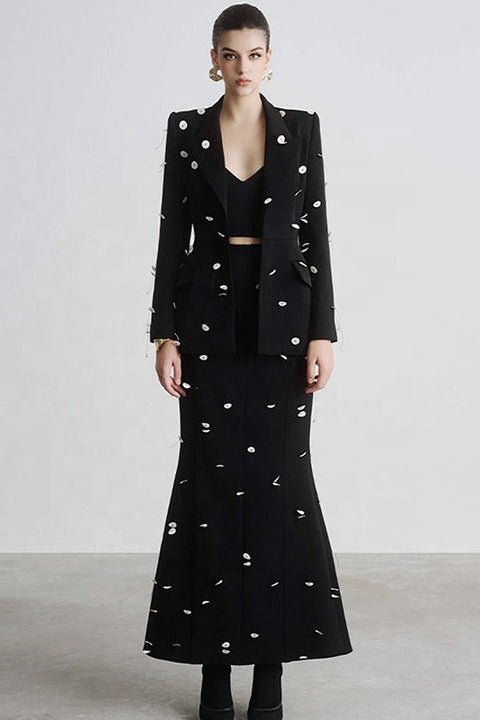 Sequin Polka Dot Blazer & Maxi Skirt Set by Luxe Lane | Skirts Suits from Luxe Lane | SKU: -1 | Barcode:  | Options: Black white S(6) | Fashion Designer Clothes Famous Brands Women 2 Piece Sets Black and White Sequin Polka Dot Blazer Maxi Skirt Two Piece Set