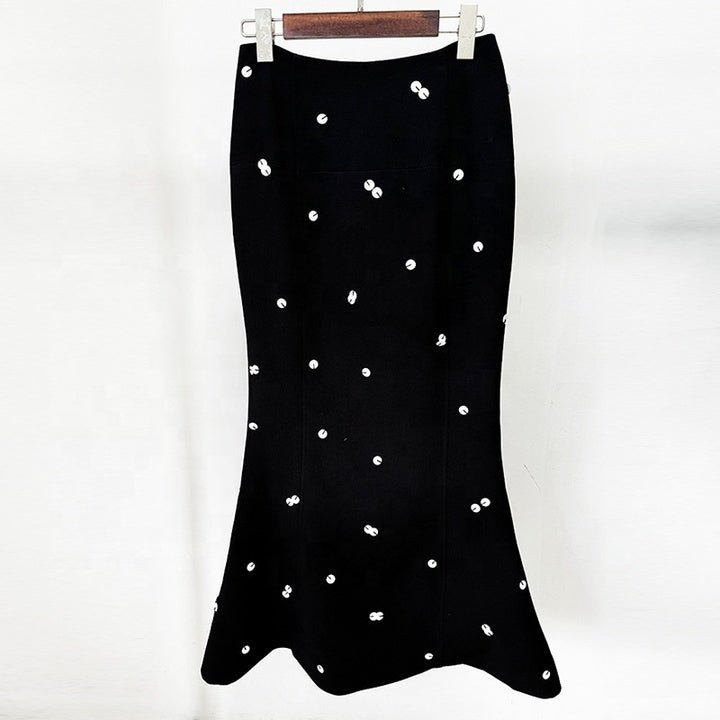 Sequin Polka Dot Blazer & Maxi Skirt Set by Luxe Lane | Skirts Suits from Luxe Lane | SKU: -1 | Barcode:  | Options: Black white S(6) | Fashion Designer Clothes Famous Brands Women 2 Piece Sets Black and White Sequin Polka Dot Blazer Maxi Skirt Two Piece Set