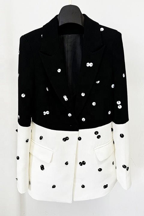 Sequin Polka Dot Blazer & Maxi Skirt Set by Luxe Lane | Skirts Suits from Luxe Lane | SKU: -1 | Barcode:  | Options: Black white S(6) | Fashion Designer Clothes Famous Brands Women 2 Piece Sets Black and White Sequin Polka Dot Blazer Maxi Skirt Two Piece Set