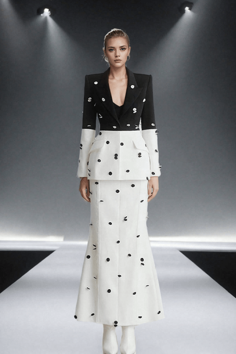 Sequin Polka Dot Blazer & Maxi Skirt Set by Luxe Lane | Skirts Suits from Luxe Lane | SKU: -1 | Barcode:  | Options: Black white S(6) | Fashion Designer Clothes Famous Brands Women 2 Piece Sets Black and White Sequin Polka Dot Blazer Maxi Skirt Two Piece Set