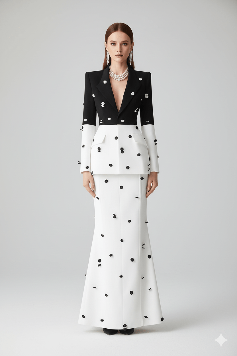 Sequin Polka Dot Blazer & Maxi Skirt Set by Luxe Lane | Skirts Suits from Luxe Lane | SKU: -5 | Barcode:  | Options: Black S(6) | Sequin Polka Dot Blazer & Maxi Skirt Set