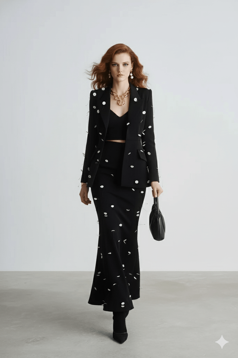 Sequin Polka Dot Blazer & Maxi Skirt Set by Luxe Lane | Skirts Suits from Luxe Lane | SKU: -5 | Barcode:  | Options: Black S(6) | Woman wearing a black outfit with white patterns on a plain background