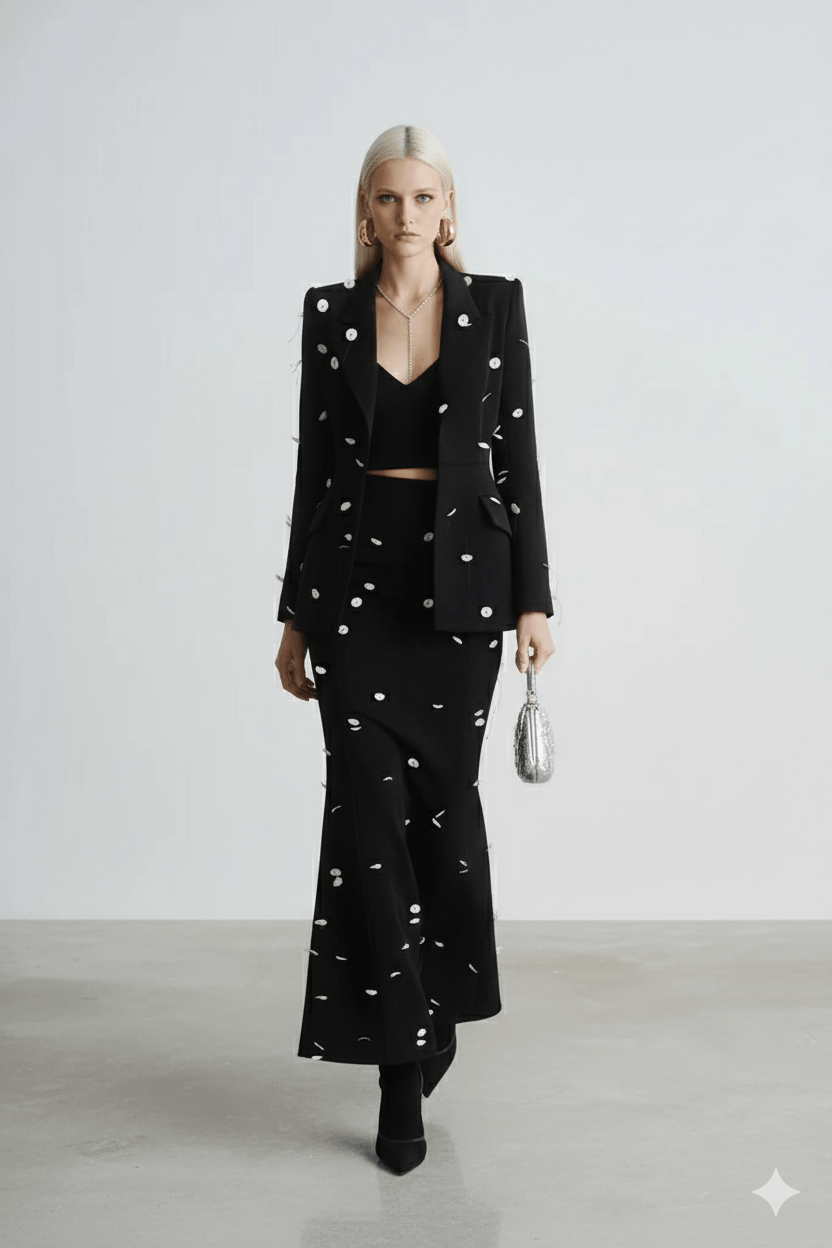 Sequin Polka Dot Blazer & Maxi Skirt Set by Luxe Lane | Skirts Suits from Luxe Lane | SKU: -5 | Barcode:  | Options: Black S(6) | Woman wearing a black outfit with white patterns on a plain background