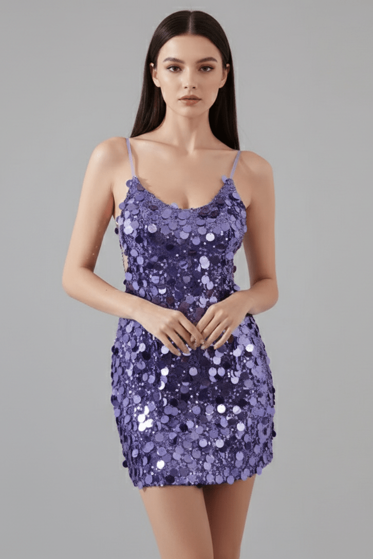 Sequin Spaghetti Strap Bodycon Mini Party Dress+Club DressesPurpleS(6)Luxe Lane