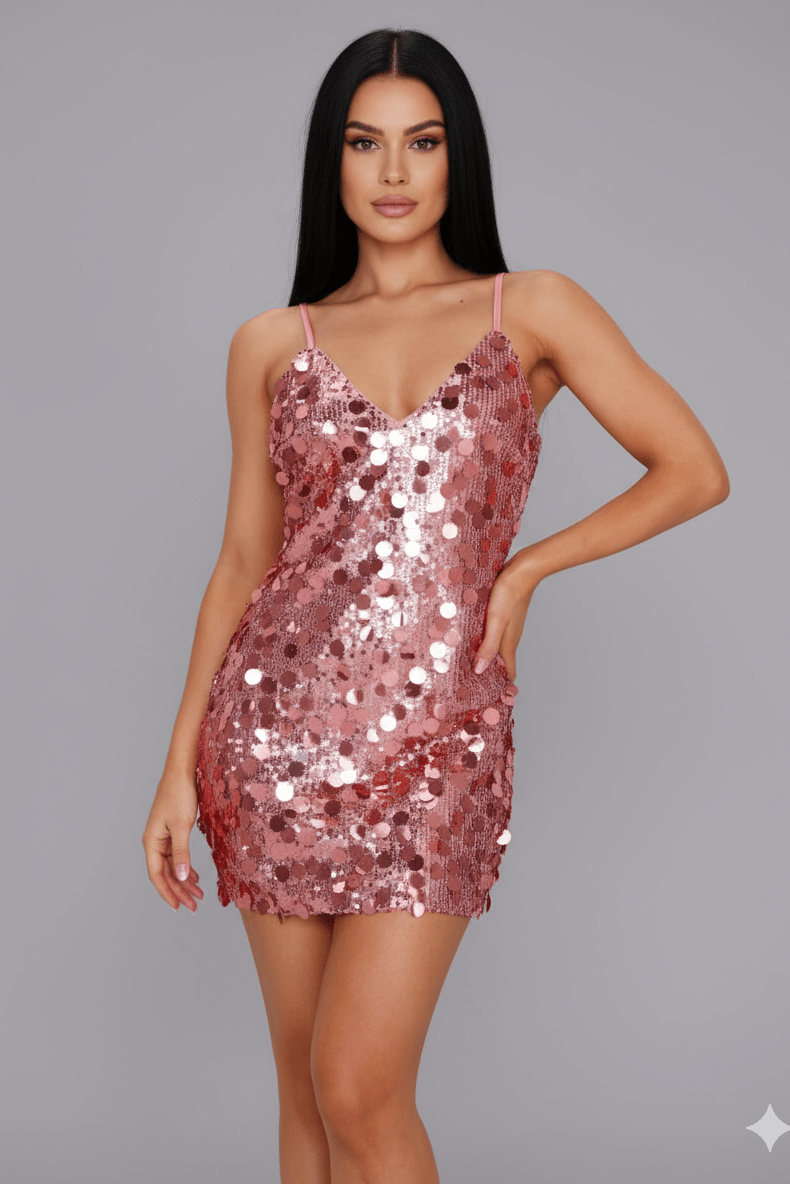Sequin Spaghetti Strap Bodycon Mini Party Dress+Club DressesPinkS(6)Luxe Lane