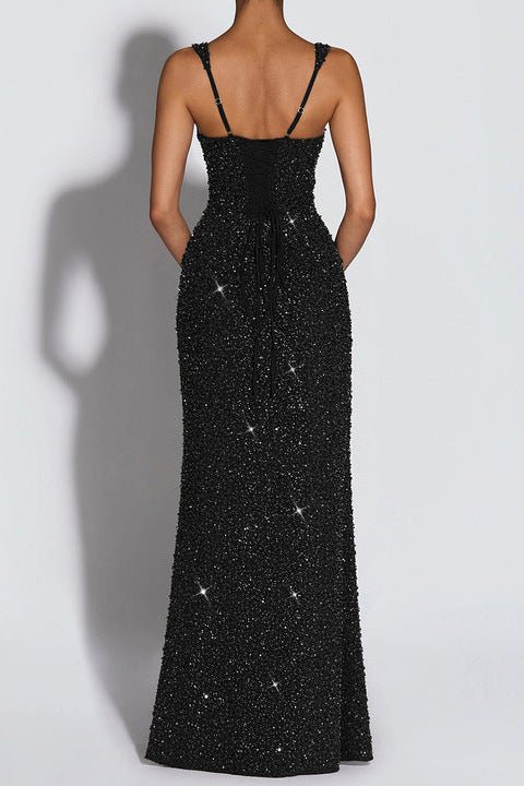 Sequin Square - Neck Sleeveless Bodycon Maxi Evening Dress by Luxe Lane | heath gown from Luxe Lane | SKU: -1 | Barcode:  | Options: Black S(6) | OEM Wholesale Custom Sequin Square Neck Sleeveless Maxi Gown Elegant Bodycon Evening Formal Women Party Dress