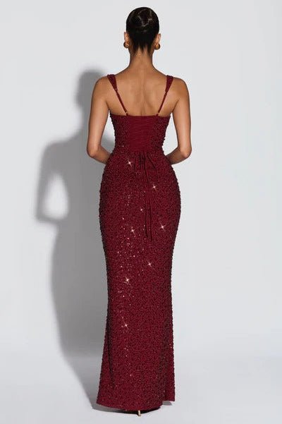 Sequin Square - Neck Sleeveless Bodycon Maxi Evening Dress by Luxe Lane | heath gown from Luxe Lane | SKU: -1 | Barcode:  | Options: Black S(6) | Woman wearing a burgundy sequin evening gown on a white background