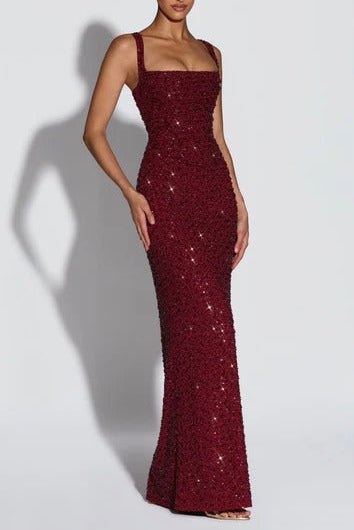 Sequin Square - Neck Sleeveless Bodycon Maxi Evening Dress by Luxe Lane | heath gown from Luxe Lane | SKU: -1 | Barcode:  | Options: Black S(6) | Woman wearing a burgundy sequin evening gown on a white background