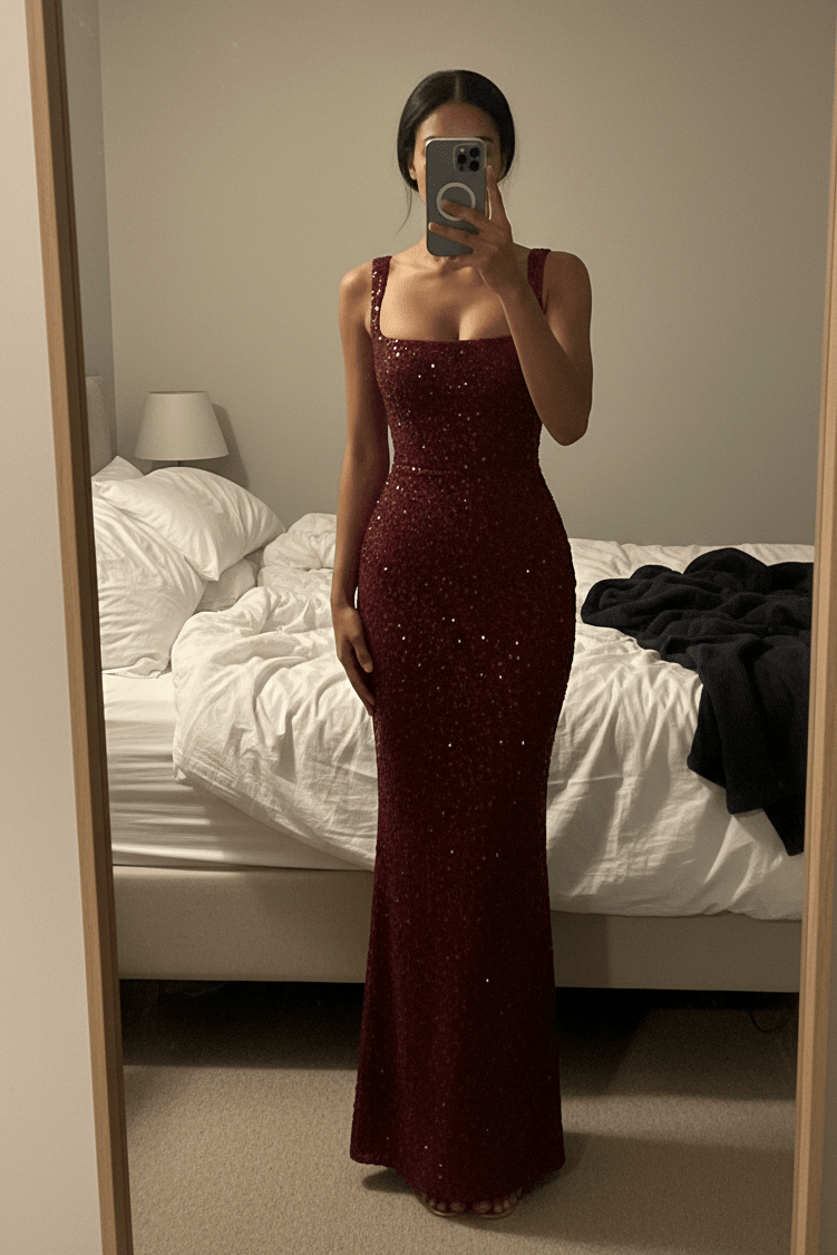 Sequin Square - Neck Sleeveless Bodycon Maxi Evening Dressheath gownChampagneS(6)blackLuxe Lane