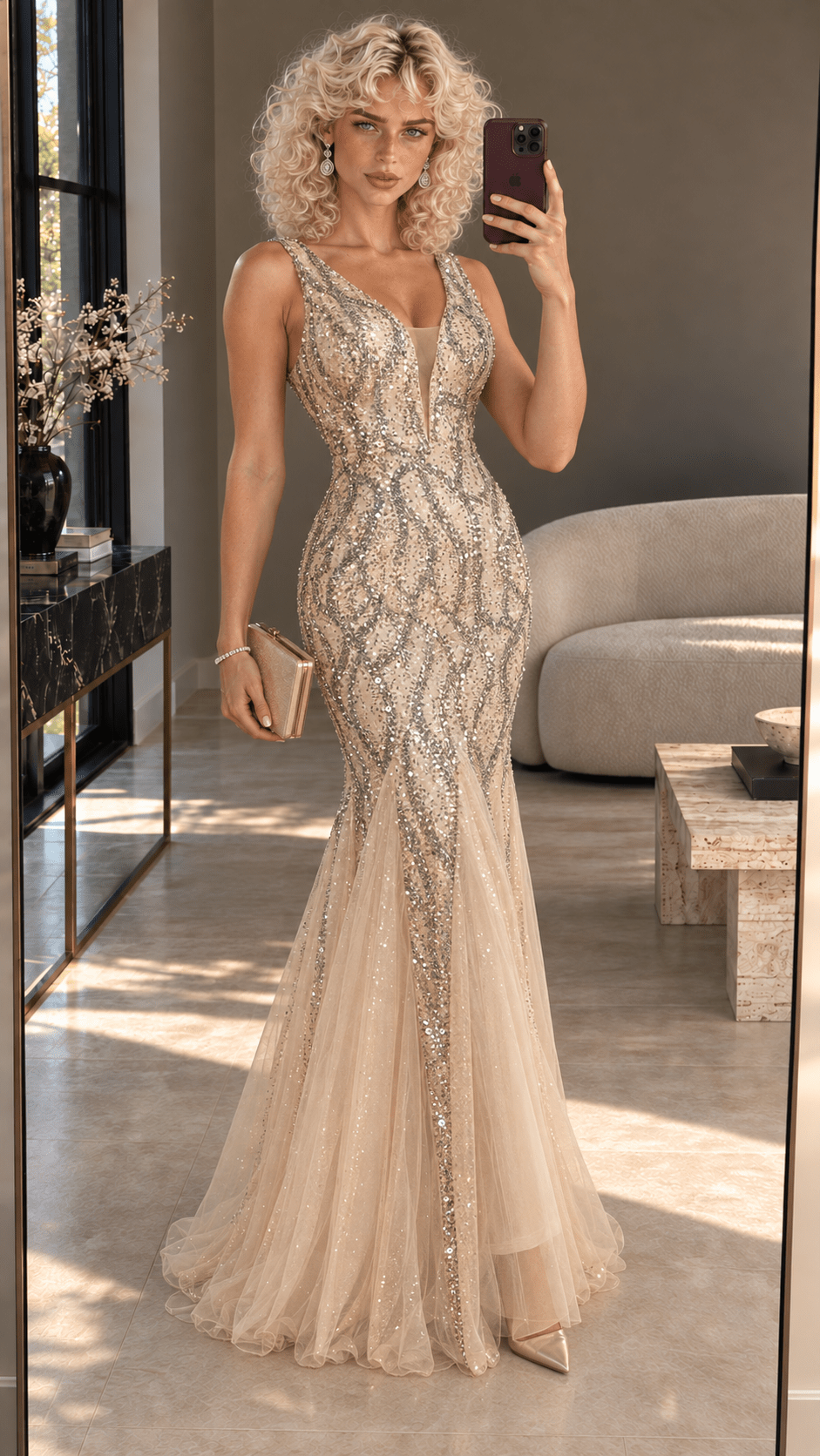 Sequin V-Neck Bodycon Maxi Evening Gownsheath gownApricotSchampagneLuxe Lane