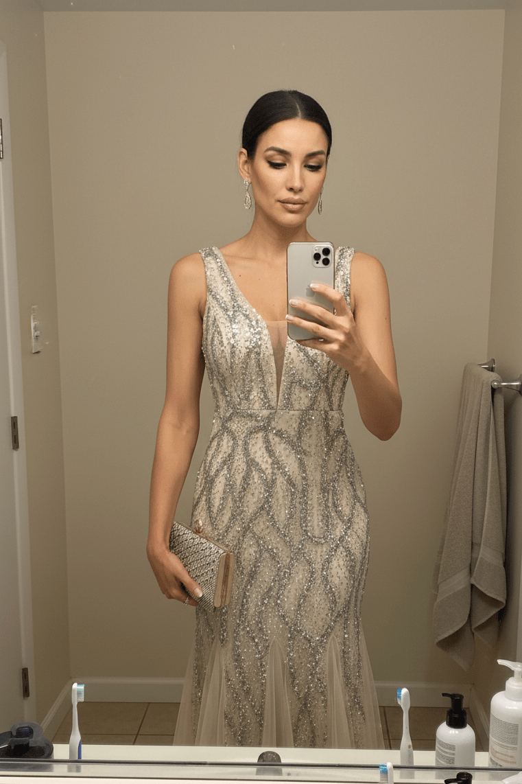 Sequin V - Neck Bodycon Maxi Evening Gownsheath gownApricotS(6)champagneLuxe Lane