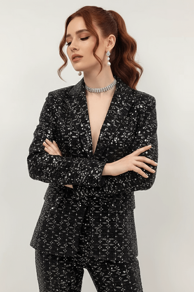 Sequin Velvet Blazer and Pant Set by Shine | Blazer from Luxe Lane | SKU: HB9136-1 | Barcode:  | Options: Black XS(4) | Sequin Velvet Blazer and Pant Set