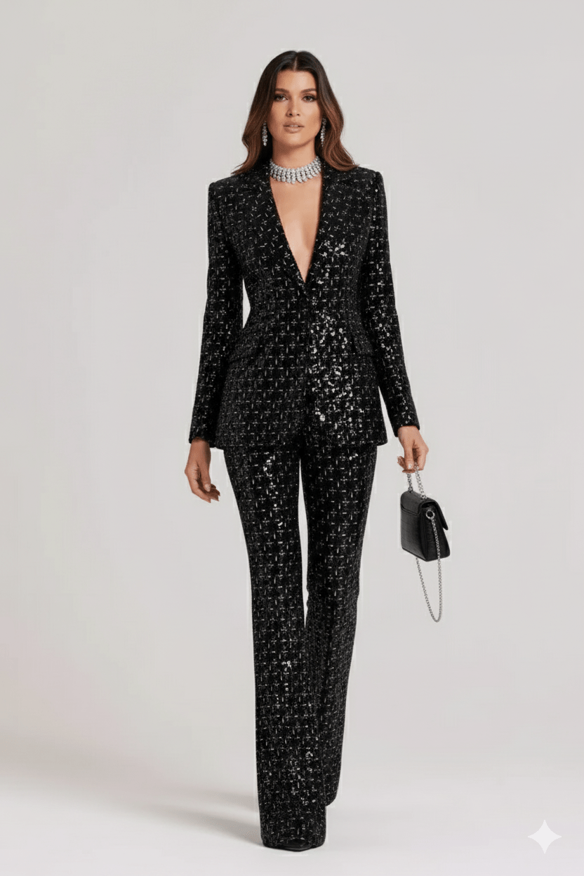 Sequin Velvet Blazer and Pant Set by Shine | Blazer from Luxe Lane | SKU: HB9136-1 | Barcode:  | Options: Black XS(4) | Sequin Velvet Blazer and Pant Set