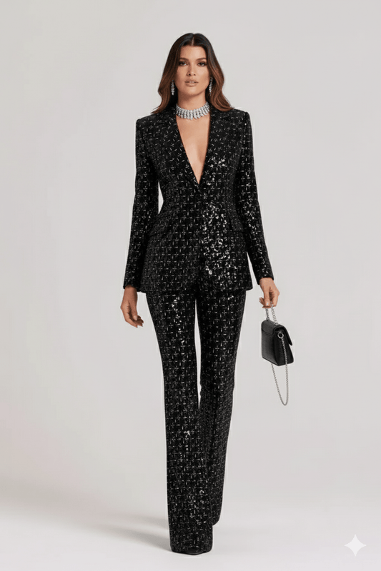 Sequin Velvet Blazer and Pant Set by Shine | Blazer from Luxe Lane | SKU: HB9136-1 | Barcode:  | Options: Black XS(4) | Sequin Velvet Blazer and Pant Set