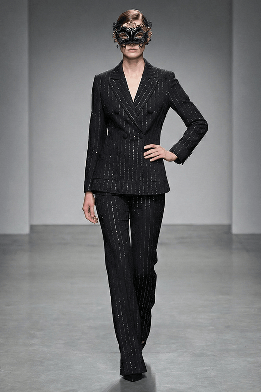 Sequined Blazer & Flared Pants Formal Suit Set by Shine | Suit Set from Luxe Lane | SKU: -1 | Barcode:  | Options: Black S(2) | Model wearing a black pinstripe suit and mask on a gray runway.