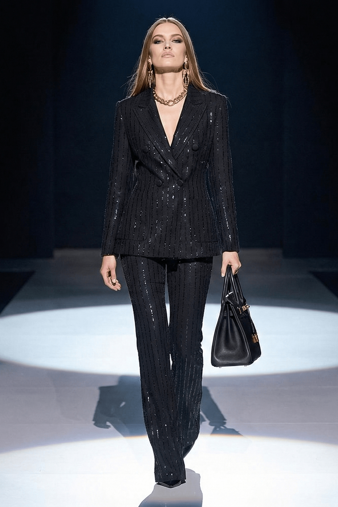 Sequined Blazer & Flared Pants Formal Suit Set by Shine | Suit Set from Luxe Lane | SKU: -1 | Barcode:  | Options: Black S(2) | Model wearing a black sequin outfit on a runway