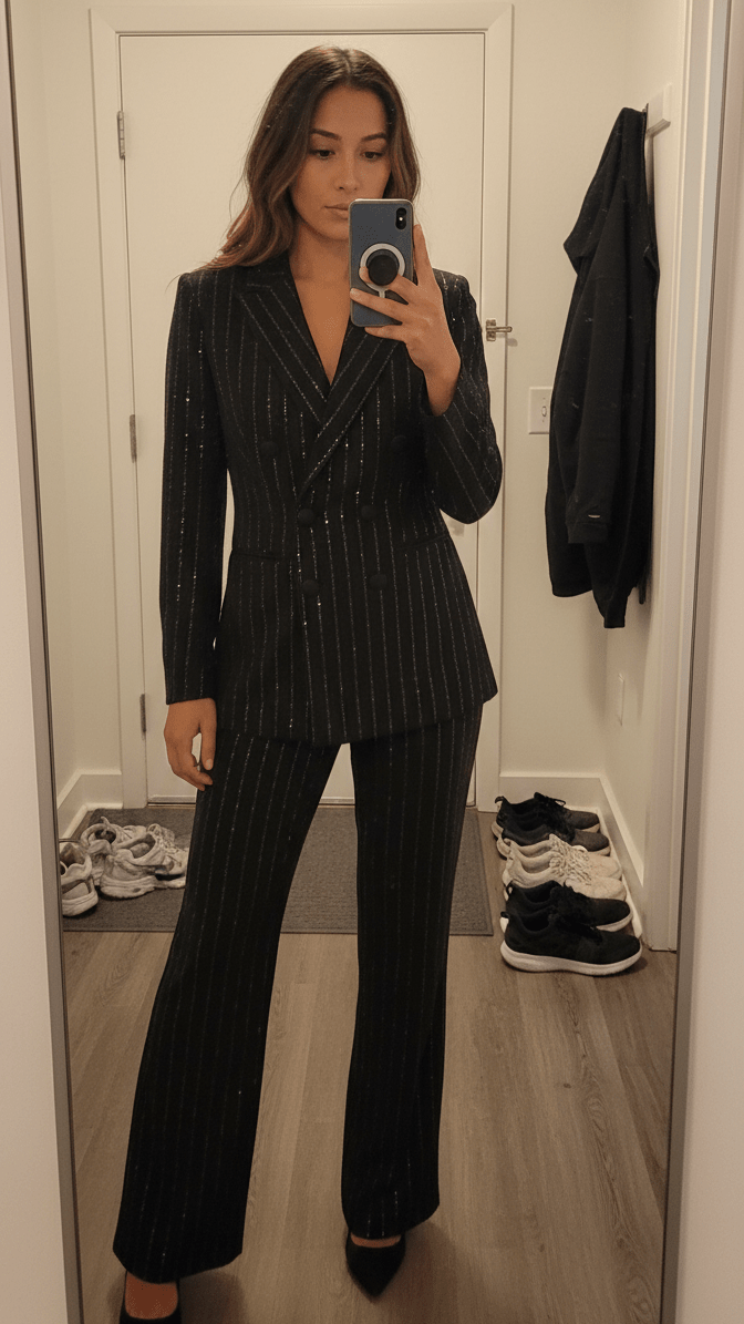 Sequined Blazer & Flared Pants Formal Suit SetSuit SetBlackS(2)Luxe Lane