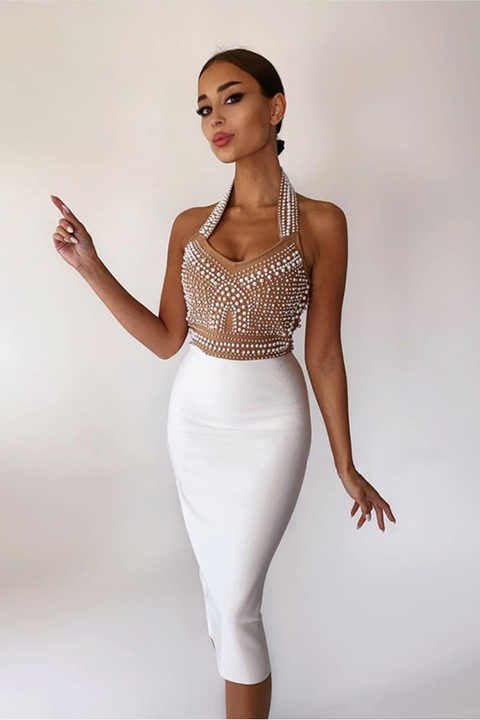 Seraphina Beaded Corset Halter Evening Dress | by Luxe Lane | from Luxe Lane | | White XS |