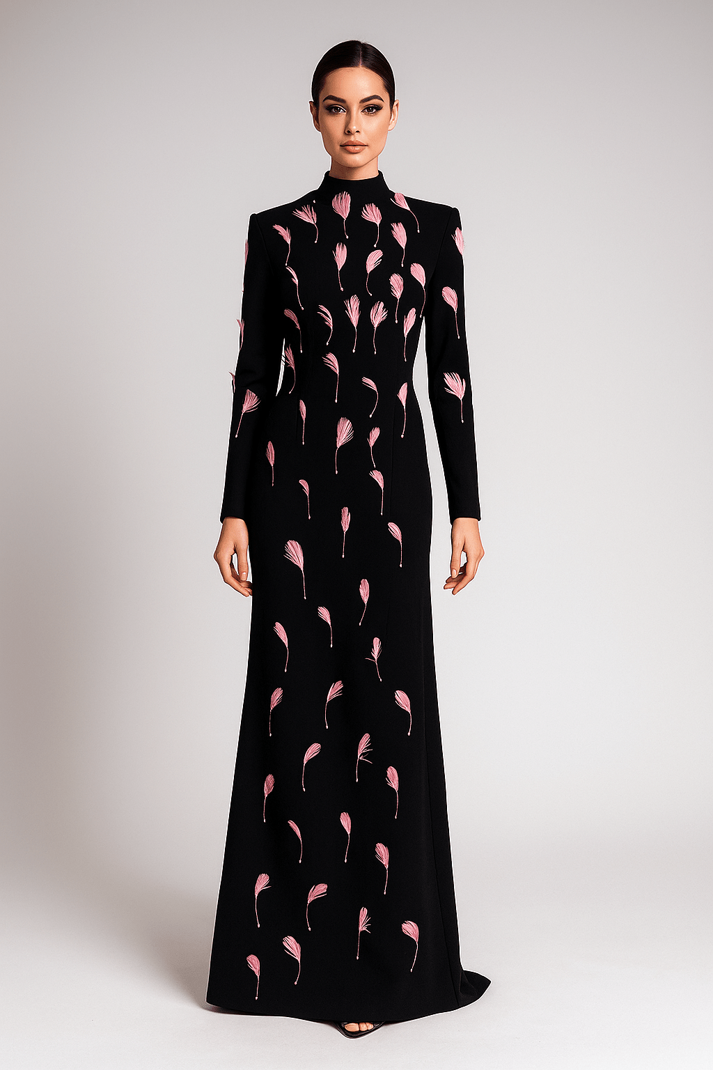 Seraphina High - Neck Feather Backless Gown by Luxe Lane | from Luxe Lane | SKU:  | Barcode:  | Options: Black S | Seraphina High - Neck Feather Backless Gown