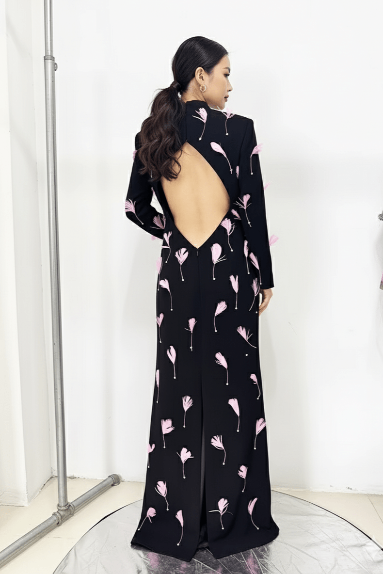 Seraphina High - Neck Feather Backless Gown by Luxe Lane | from Luxe Lane | SKU:  | Barcode:  | Options: Black S | Seraphina High - Neck Feather Backless Gown