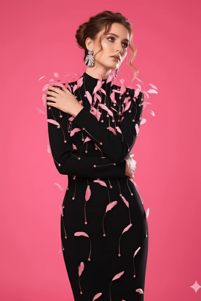 Seraphina High - Neck Feather Backless Gown by Luxe Lane | from Luxe Lane | SKU:  | Barcode:  | Options: Black S | Seraphina High - Neck Feather Backless Gown