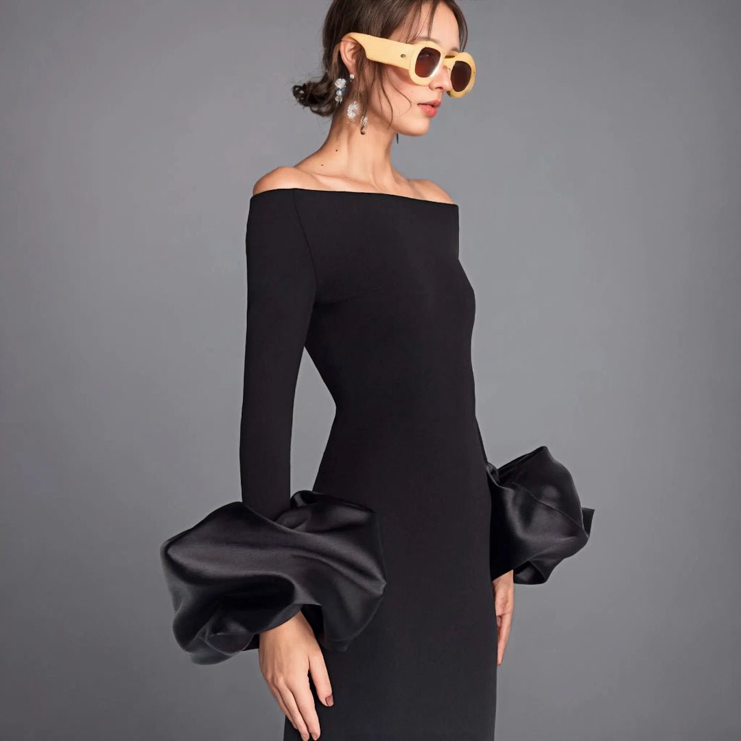 Seraphina Modest Lantern Sleeve Gown by Luxe Lane | from Luxe Lane | SKU:  | Barcode:  | Options: Red XS | Womens Fashion Clothes Manufacturer Women Party Dresses Red Black Long Bodycon Evening Elegant Modest Lantern Sleeve Dress