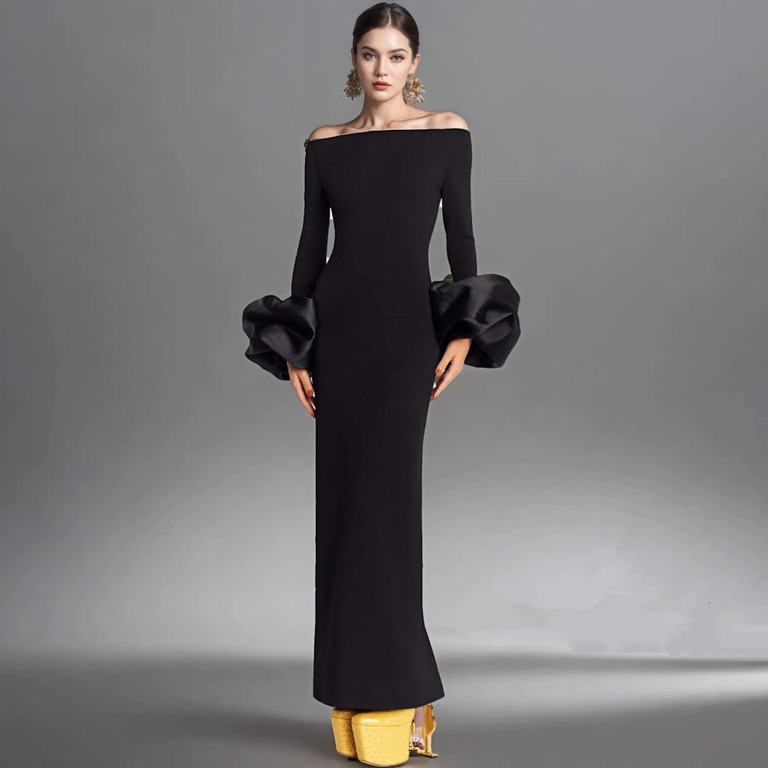 Seraphina Modest Lantern Sleeve Gown by Luxe Lane | from Luxe Lane | SKU:  | Barcode:  | Options: Red XS | Womens Fashion Clothes Manufacturer Women Party Dresses Red Black Long Bodycon Evening Elegant Modest Lantern Sleeve Dress