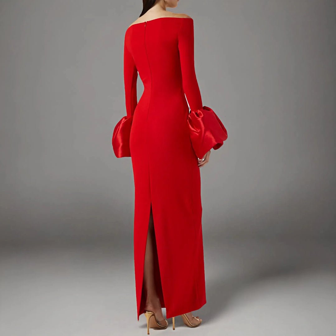 Seraphina Modest Lantern Sleeve Gown by Luxe Lane | from Luxe Lane | SKU:  | Barcode:  | Options: Red XS | Womens Fashion Clothes Manufacturer Women Party Dresses Red Black Long Bodycon Evening Elegant Modest Lantern Sleeve Dress