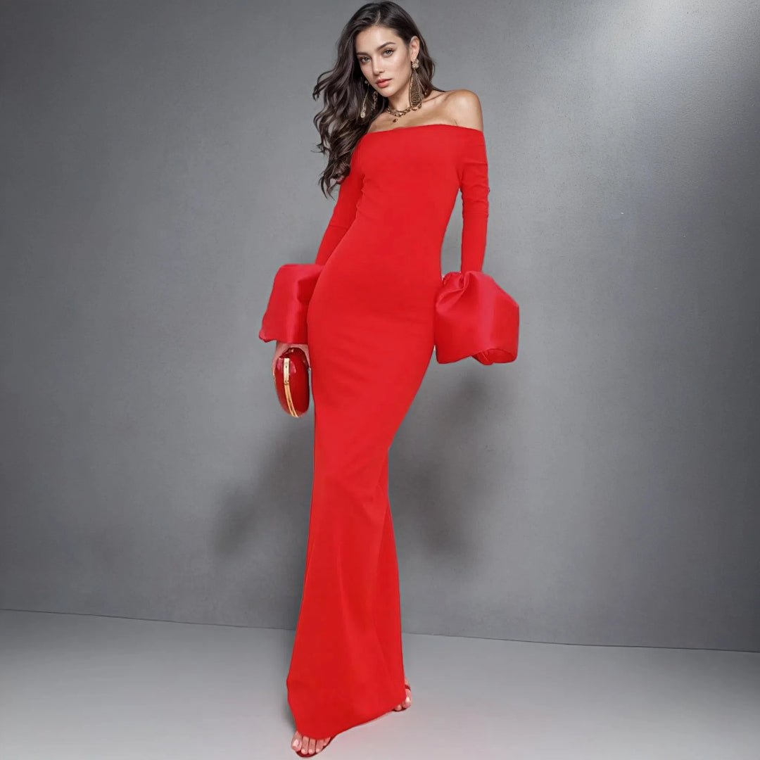 Seraphina Modest Lantern Sleeve Gown by Luxe Lane | from Luxe Lane | SKU:  | Barcode:  | Options: Red XS | Womens Fashion Clothes Manufacturer Women Party Dresses Red Black Long Bodycon Evening Elegant Modest Lantern Sleeve Dress