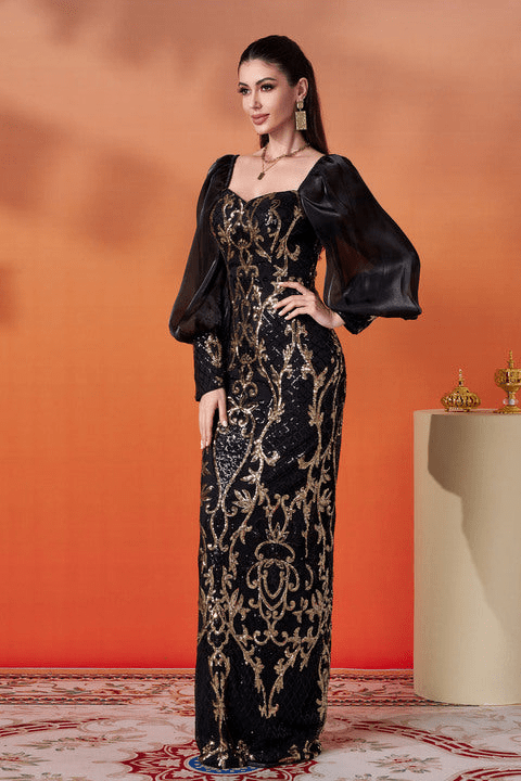 Seraphina Noir Gold Sequin Puff Sleeve Gown by Luxe Lane | Mermaid gown from Luxe Lane | SKU: W11178-1 | Barcode:  | Options: Black S | Luxury Black Gold Sequin Middle East Evening Dresses Elegant Puff Sleeve Bodycon Formal Long Gown for Party Banquet Wedding