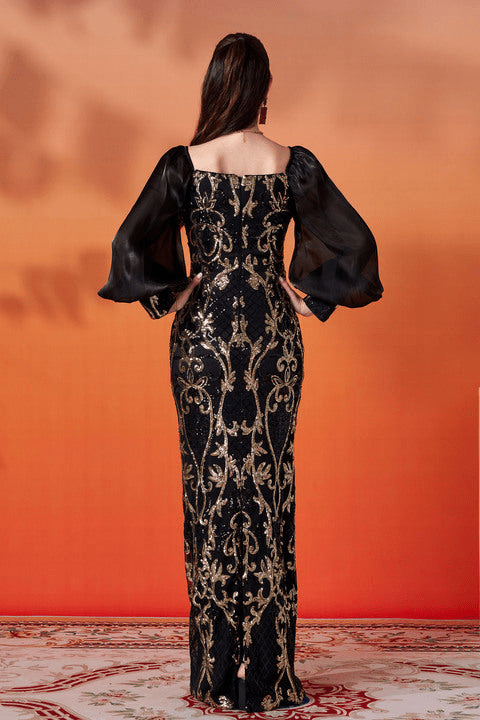 Seraphina Noir Gold Sequin Puff Sleeve Gown by Luxe Lane | Mermaid gown from Luxe Lane | SKU: W11178-1 | Barcode:  | Options: Black S | Luxury Black Gold Sequin Middle East Evening Dresses Elegant Puff Sleeve Bodycon Formal Long Gown for Party Banquet Wedding