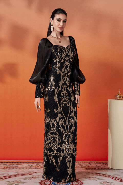 Seraphina Noir Gold Sequin Puff Sleeve Gown by Luxe Lane | Mermaid gown from Luxe Lane | SKU: W11178-1 | Barcode:  | Options: Black S | Luxury Black Gold Sequin Middle East Evening Dresses Elegant Puff Sleeve Bodycon Formal Long Gown for Party Banquet Wedding