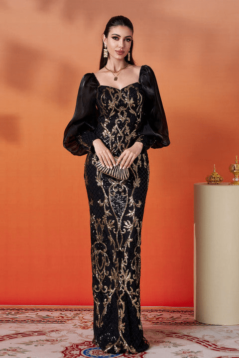 Seraphina Noir Gold Sequin Puff Sleeve Gown by Luxe Lane | Mermaid gown from Luxe Lane | SKU: W11178-1 | Barcode:  | Options: Black S | Luxury Black Gold Sequin Middle East Evening Dresses Elegant Puff Sleeve Bodycon Formal Long Gown for Party Banquet Wedding