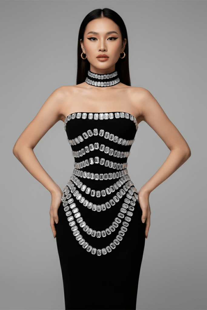 Seraphina Rhinestone Maxi Dress by Shine | Party Dress from Luxe Lane | SKU:  | Barcode:  | Options: Black S | Seraphina Rhinestone Maxi Dress