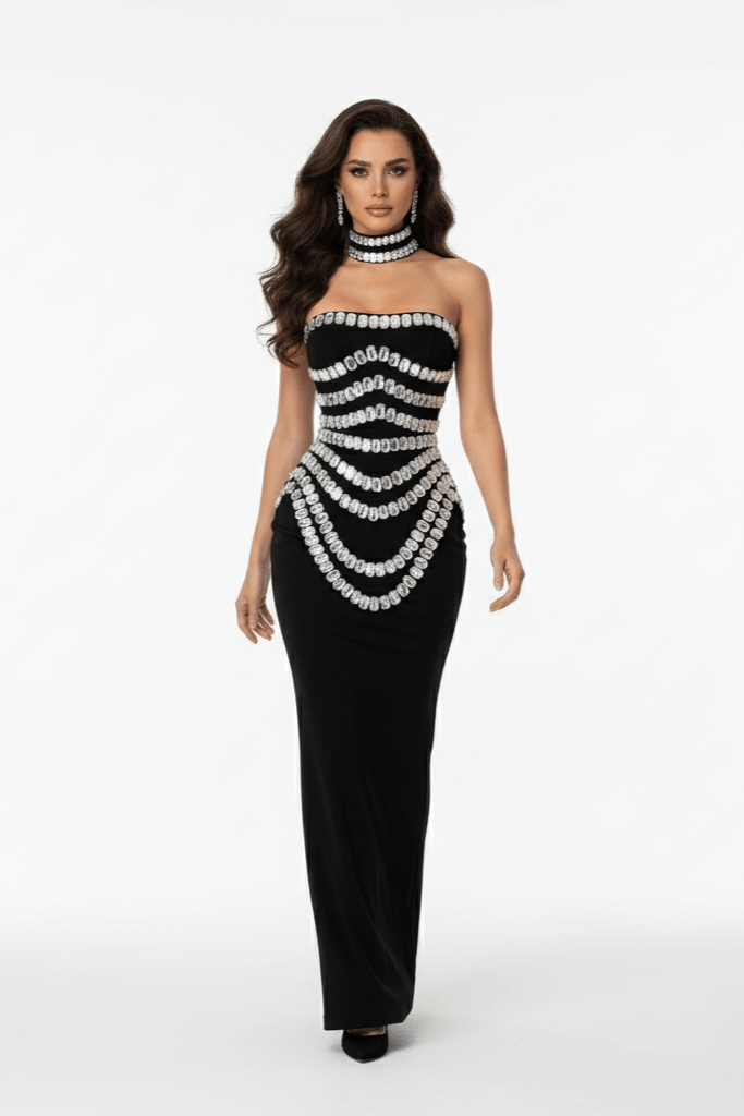 Seraphina Rhinestone Maxi Dress by Shine | Party Dress from Luxe Lane | SKU:  | Barcode:  | Options: White S | Seraphina Rhinestone Maxi Dress