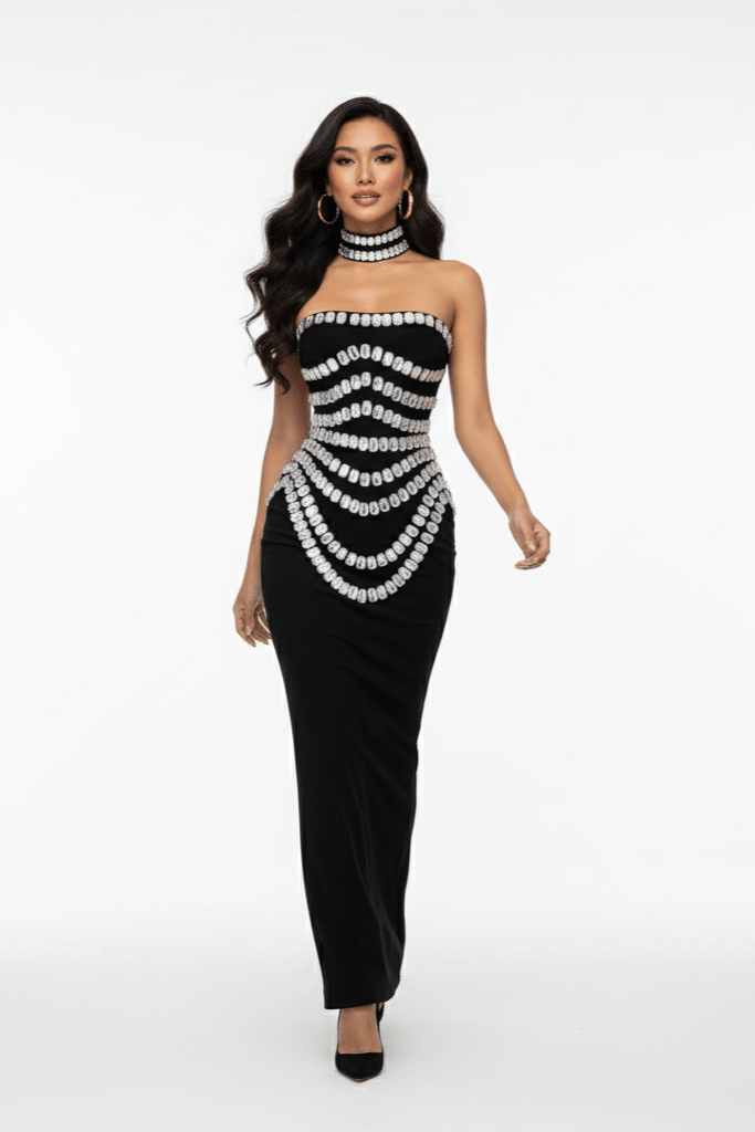 Seraphina Rhinestone Maxi Dress by Shine | Party Dress from Luxe Lane | SKU:  | Barcode:  | Options: White S | Seraphina Rhinestone Maxi Dress
